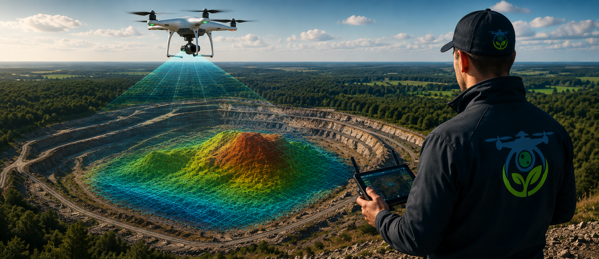 Dron analizuje teren z warstwami NDVI, LiDAR i infrastrukturą